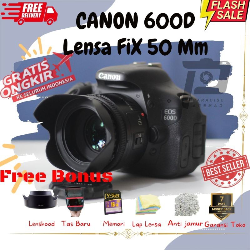 Kamera Canon 600D No Viknet+ Lensa Fix 50Mm F1.8 + Bonus Banyak CO