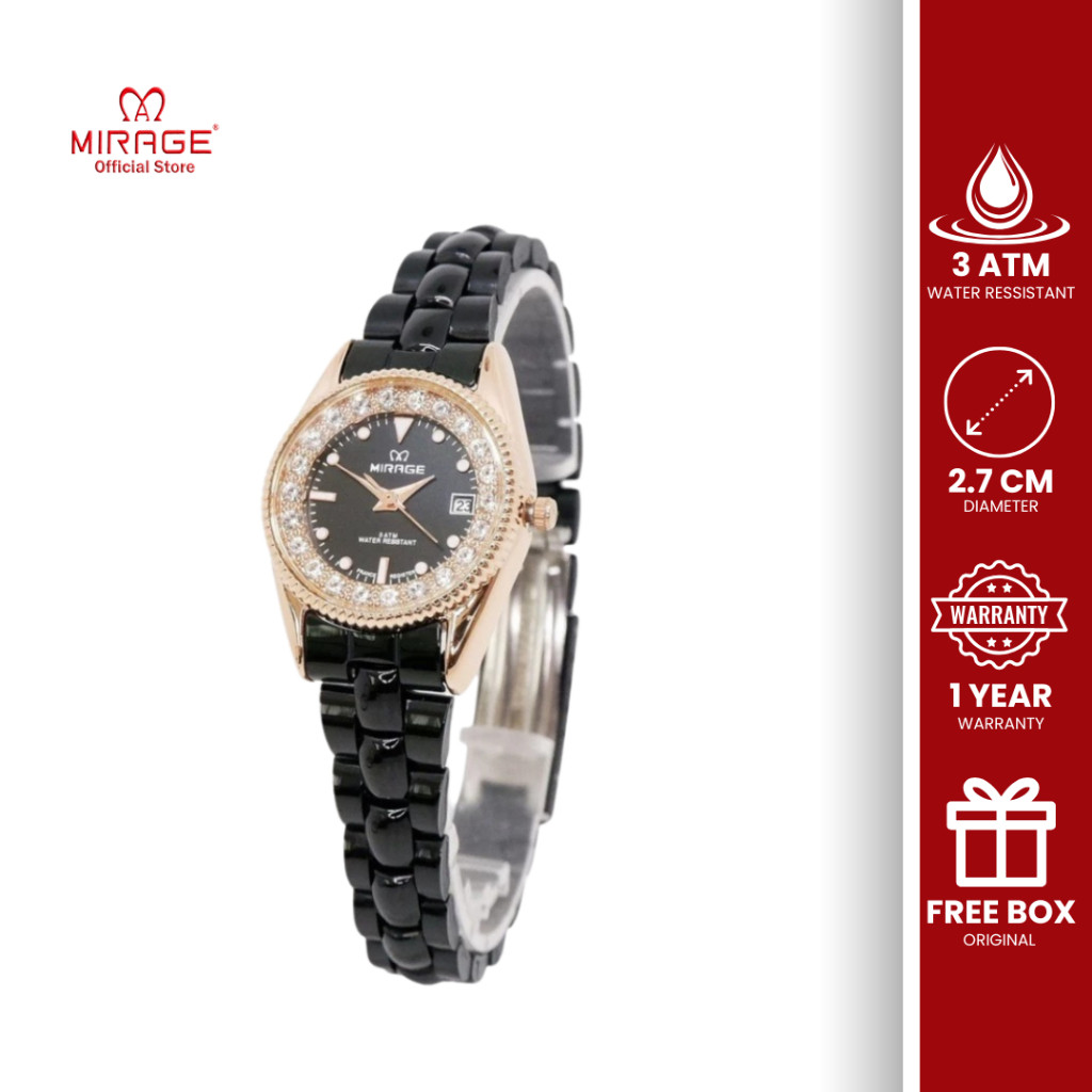 Mirage Original Jam Tangan Wanita Analog Permata Stainless Steel Hitam Rosegold Anti Karat RX 1580 L