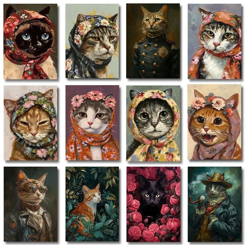 

Cute Cats with Flower Scarf Posters Wall Art Canvas Prints Modern Animals Portrait Paintings for Kids Room Home Decor Pictures