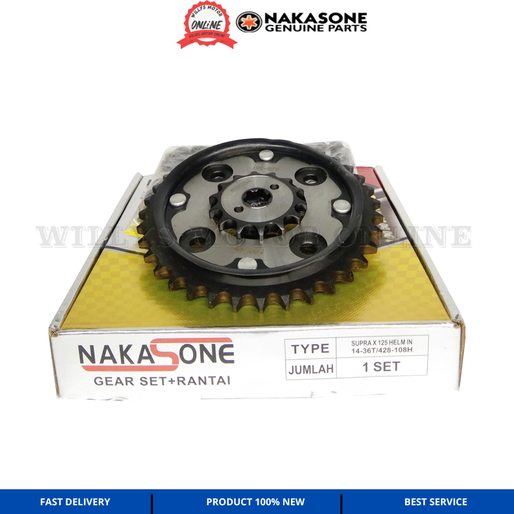 Gear set Gir set supra x 125 helm in NAKASONE 14-36T/428H-108  Girset rantai supra x 125 helm in