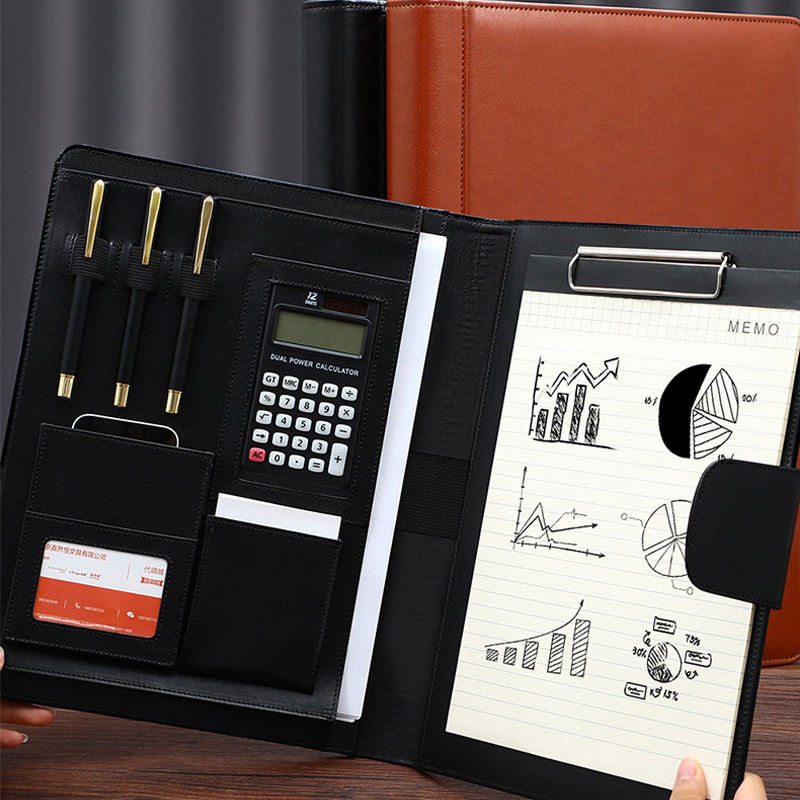 

Multifunctional A4 Leather Portfolio Folder Files Organizer for document Man Executive Briefcase Clipboard withCalculator Office