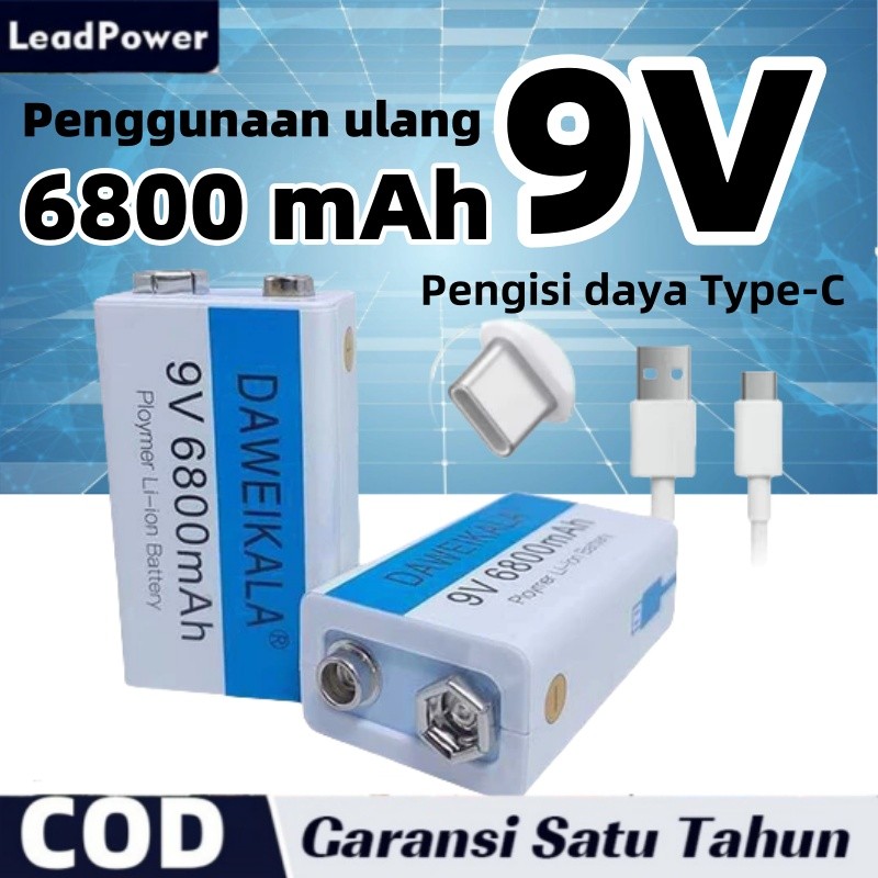 Homeyvibes Baterai 9V Rechargeable Usb Type-C 6800 Mah 9V / Baterai 9V Rechargeable Volt Bisa Dicas
