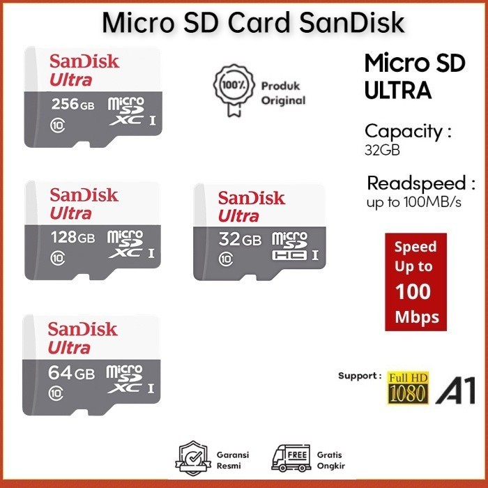 MEMORY CARD SANDISK 128GB 64GB 32GB 16GB Micro SD MMC Memori Hp Sandisk Ultra