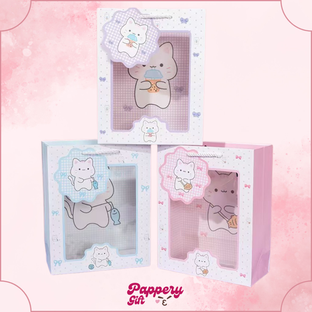 

Paper Bag Gift Cute Kucing / Paperbag Hadiah Motif Kucing Transparan Premium Bening - GG0613