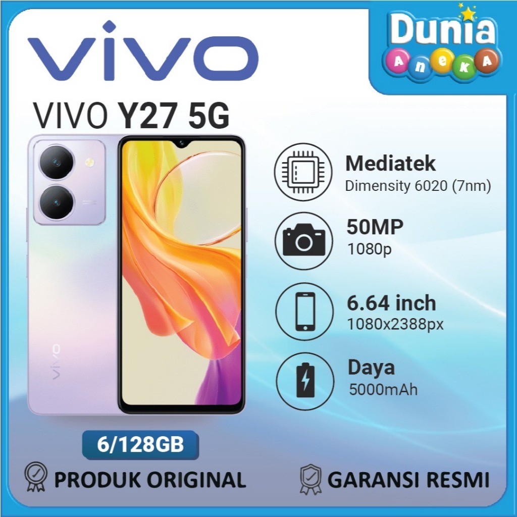 Vivo Y27 5G RAM 6GB/ROM 128GB - Layar 6.64" - Kamera 50 Mp, Baterai 5000mAh - Garansi Resmi