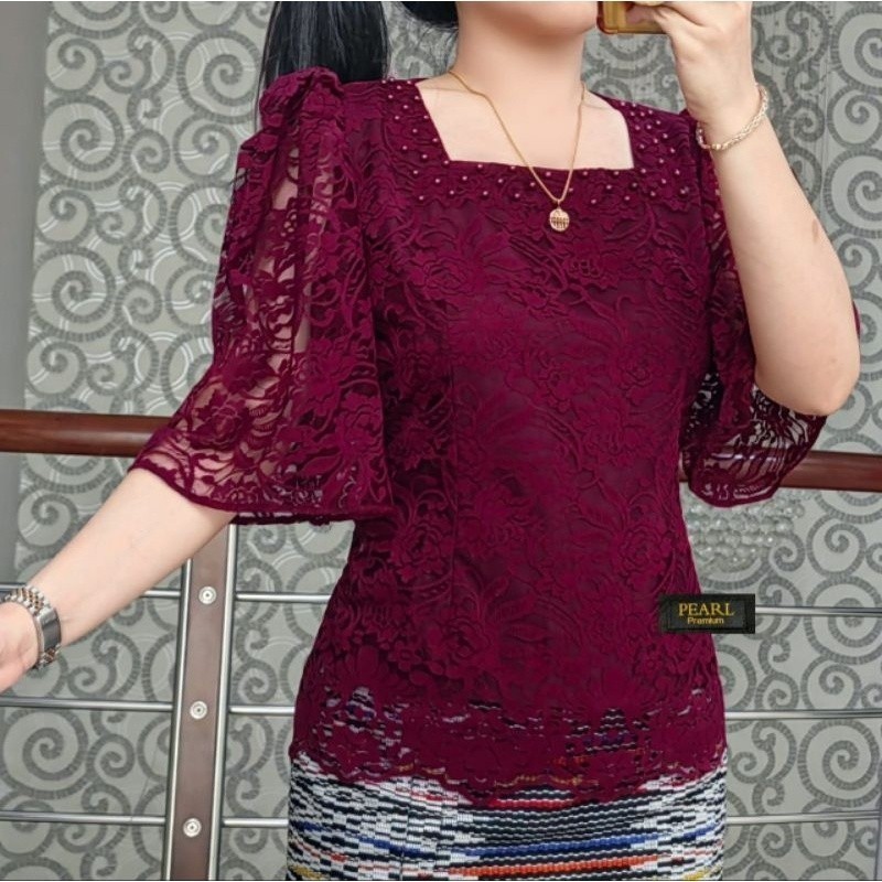 Katun Bunga-Bunga Atasan Blouse Brokat Kebaya Ukuran M-2XL