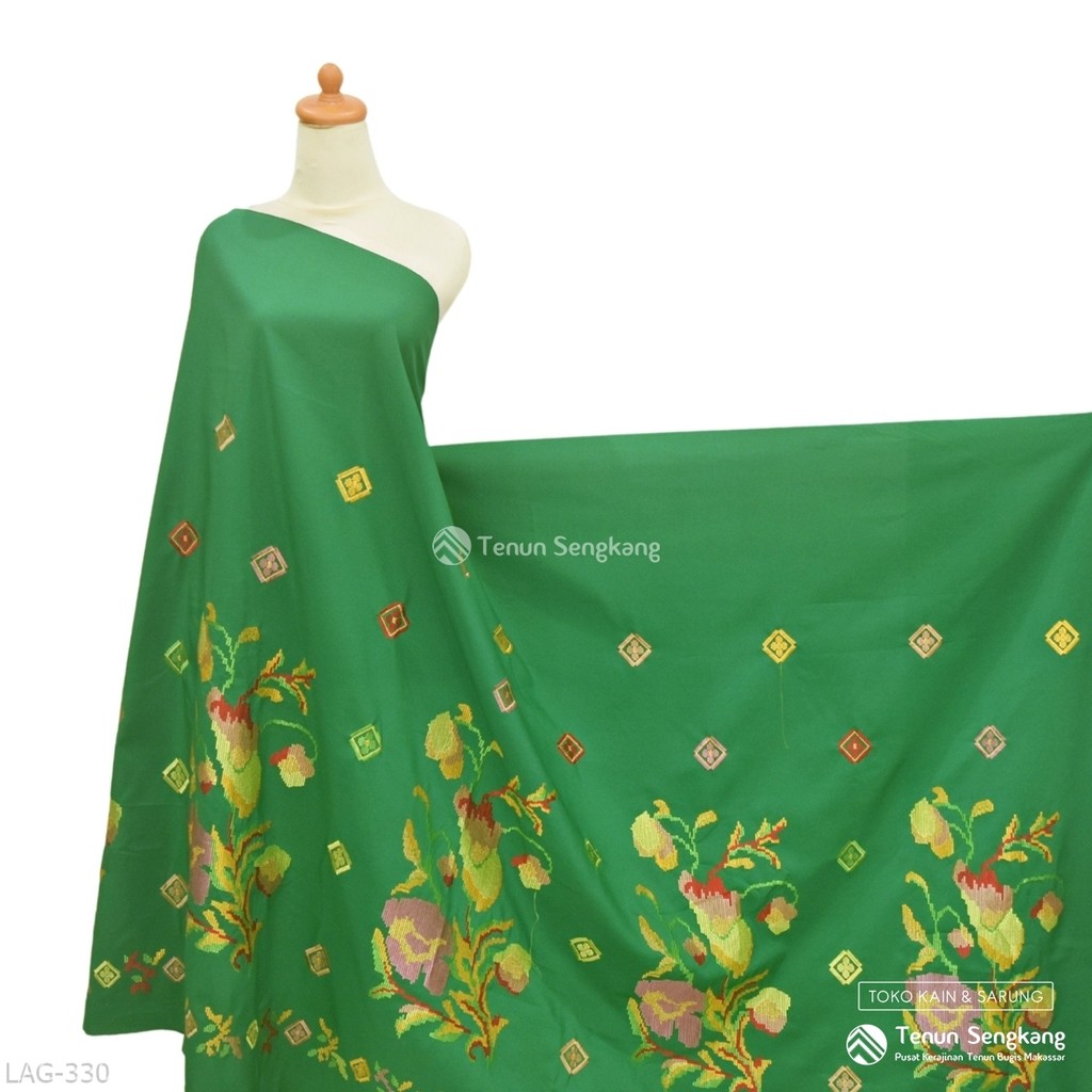 Kain Tenun Sulam Motif Bunga Lagosi Bahan Tenun Sutra Bugis Makassar Hijau - Tenun Sengkang LAG-330