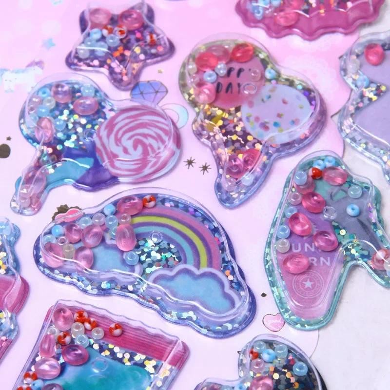 

1Pc Cute Cartoon Scented 3D Quicksand Sticker Fun Kids Glitter Bead Waggle Toy Relief Stickers Kawaii Girl Deco DIY PVC Paster
