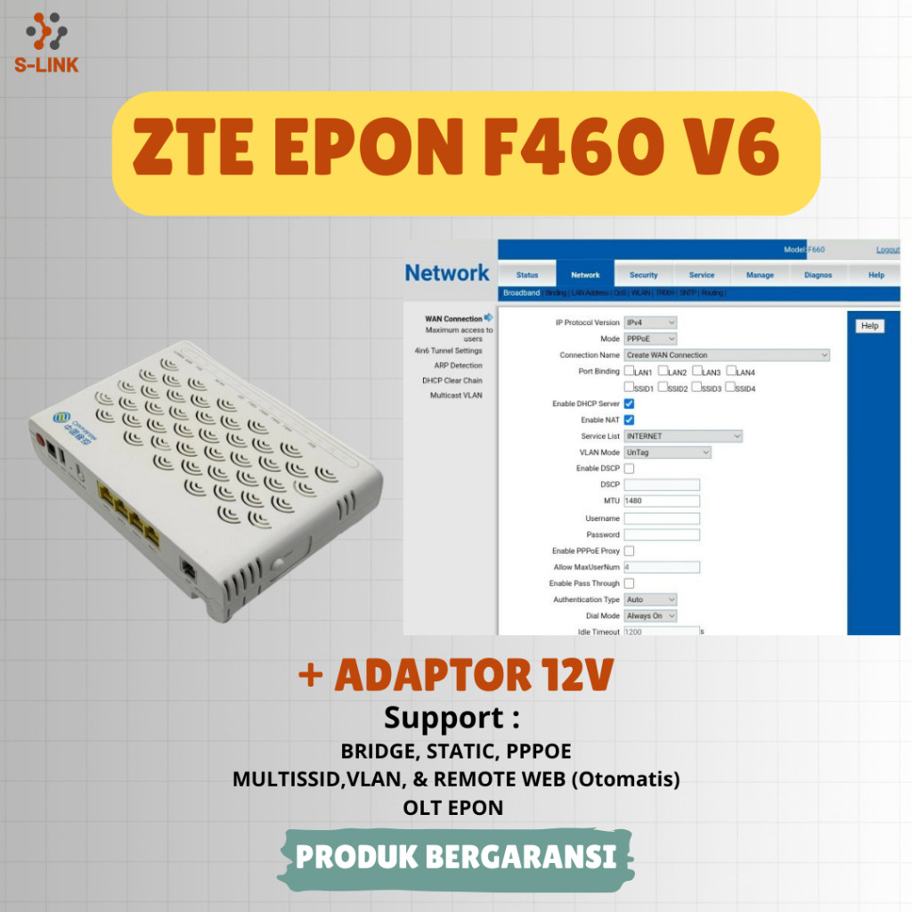 ONT EPON ZTE F460 V6 DENGAN ADAPTORco