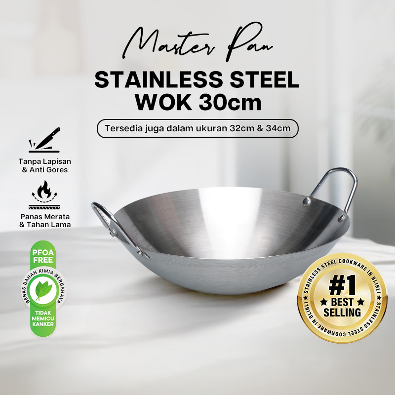 Master Pan Wok Stainless Steel Wajan Tebal Kuali Besar 30Cm Food Grade Anti Gores