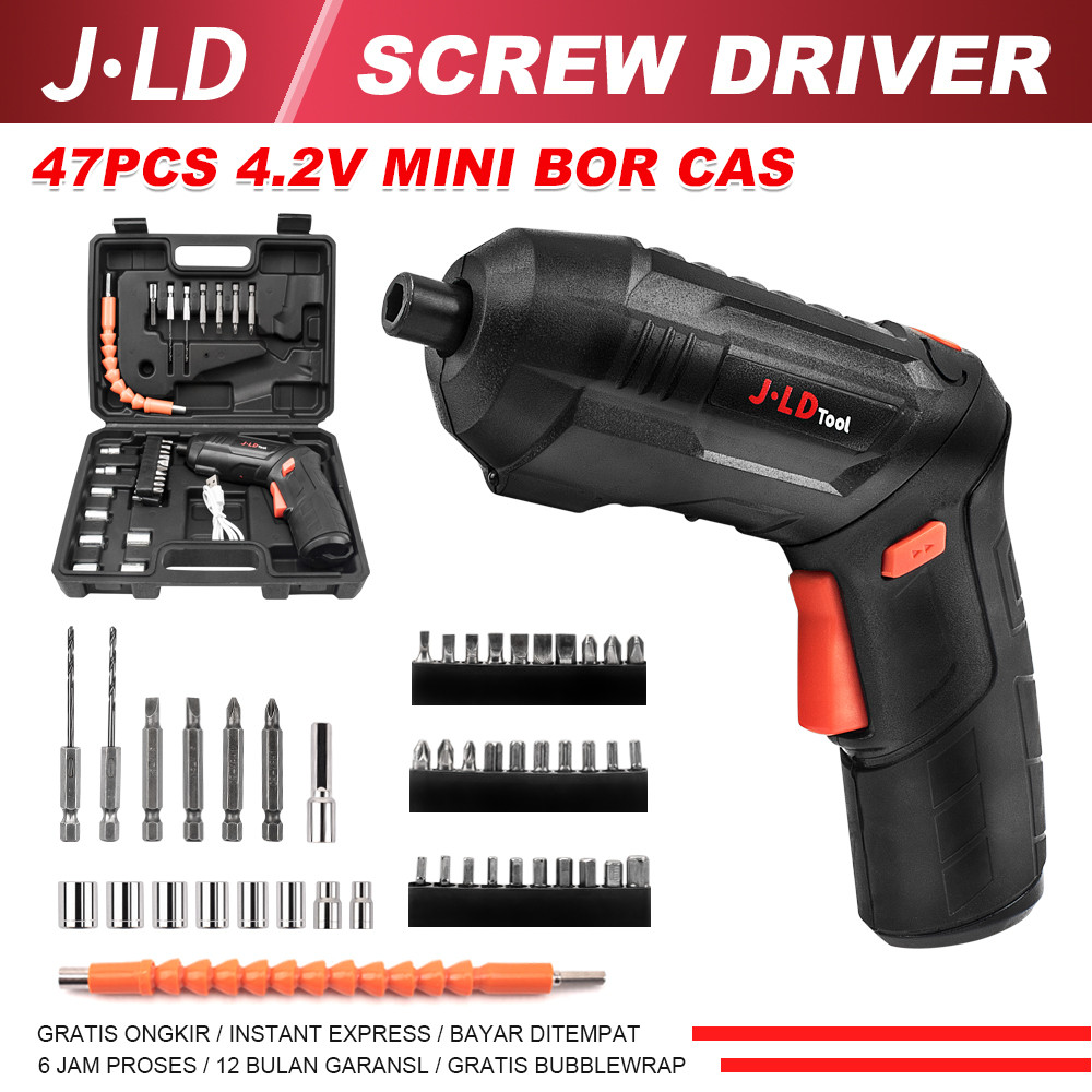 JLD Mesin Bor Obeng Elektrik Cordless Screwdriver 4.2V Mesin Bor Cordless Mini 47Pcs Set Bor Mini Sc