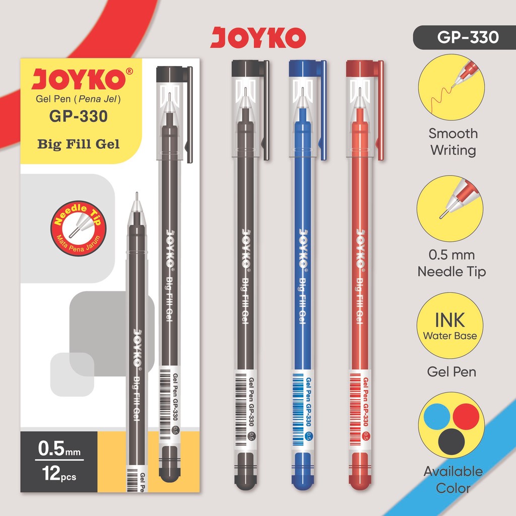 

JOYKO Pulpen Gel 1 Pack GP-330 Big Fill Gel 0.5mm Isi 12 Pcs