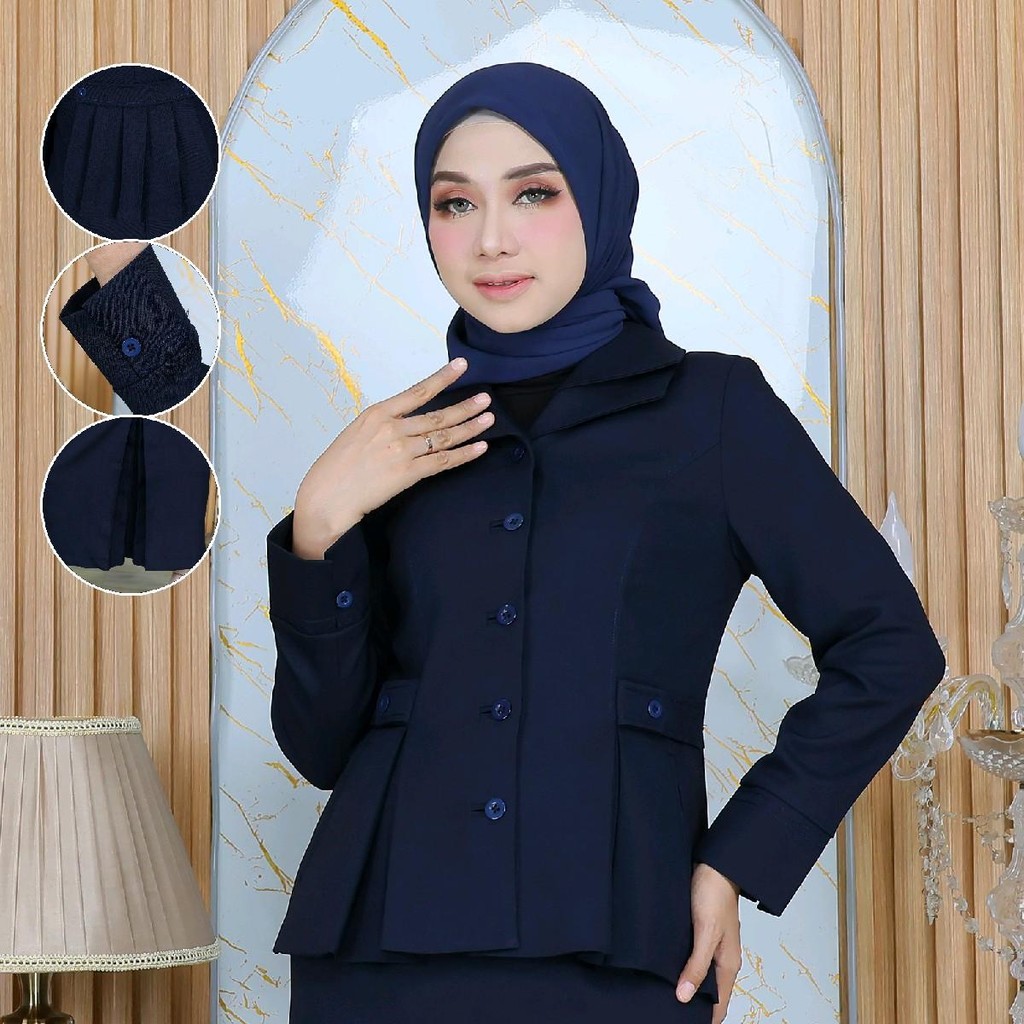 seragam guru biru dongker standard sanghai susun bahan polyester rok span pembelian 1 set feee hijab