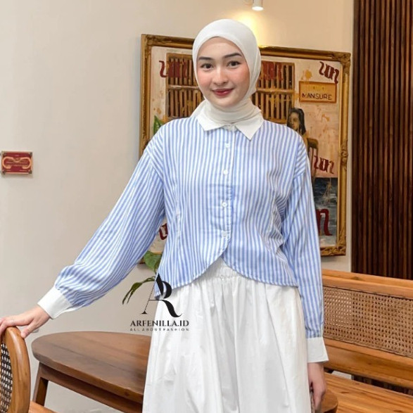 C.E - RJD ATASAN WANITA KEMEJA MODEL TERBARU MOTIF SALUR LENGAN PANJANG / JINGGA Blouse Motif Salur 