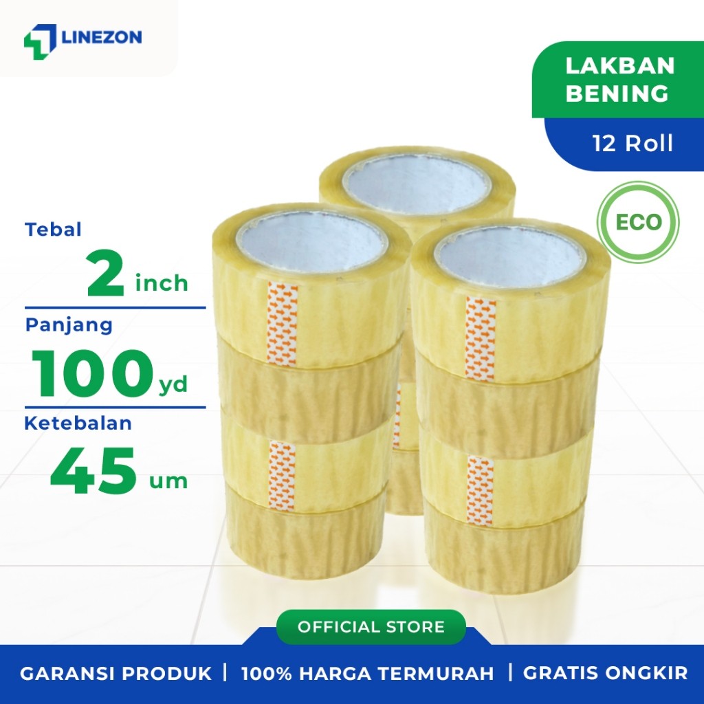 

12 pcs Lakban Bening 45 MM X 100Y ECO Ukuran Real Online Tape Lakban Isolatip Solatip Kualitas Nachi Daimaru Termurah