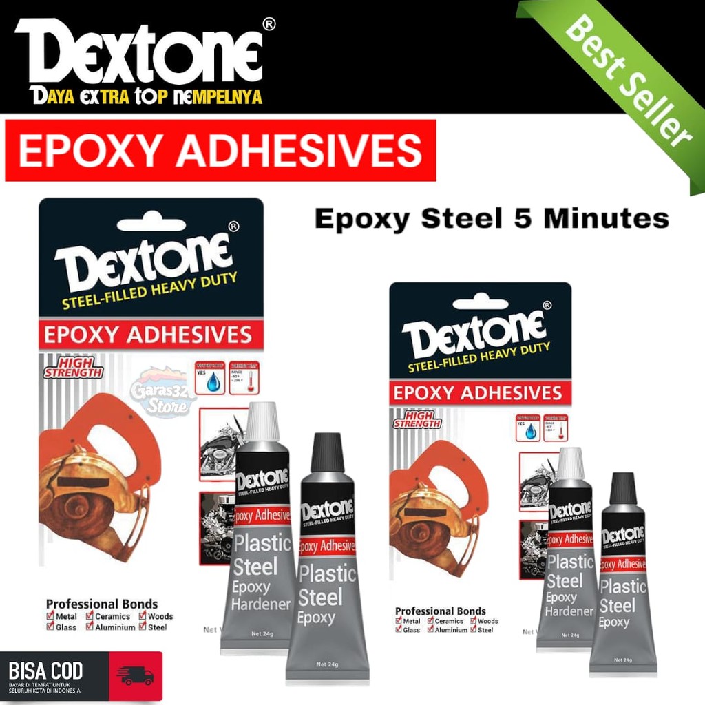 

Dextone Lem Besi Metal Super Kuat Anti Bocor / Lem Epoxy Adhesives Plastik Steel 5 minutes Perekat Penambal Besi Baja Dextone 48gram