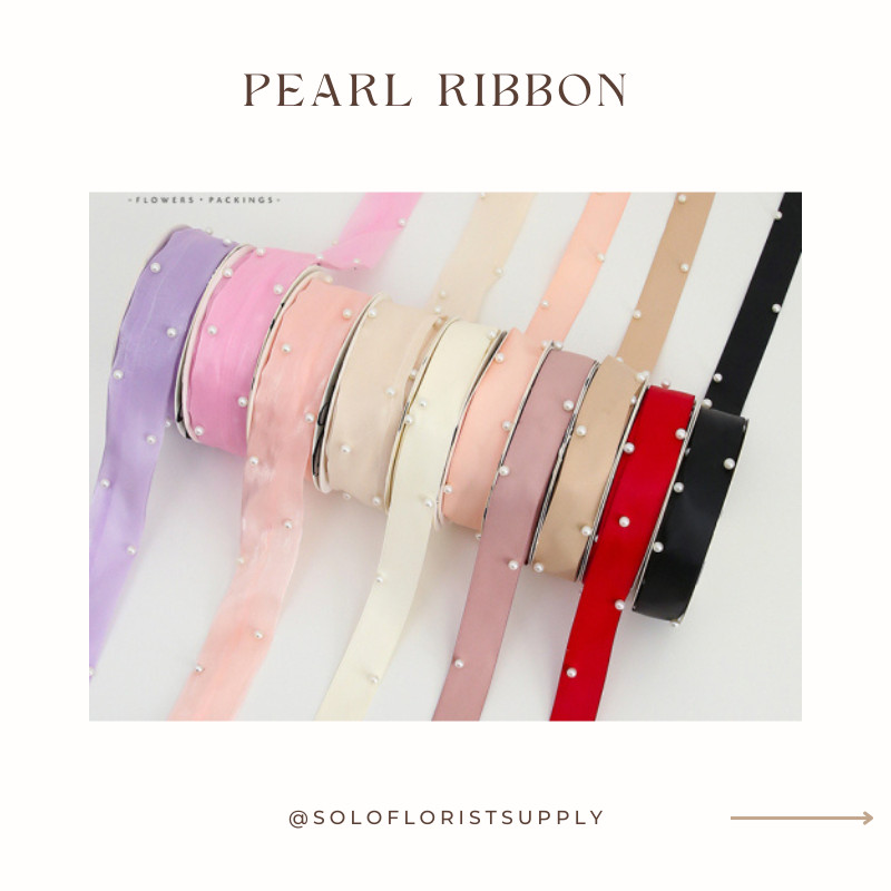 

PEARL RIBBON PREMIUM PITA SATIN DENGAN MUTIARA PITA KADO GIFT BOUQUET BUNGA DEKORASI