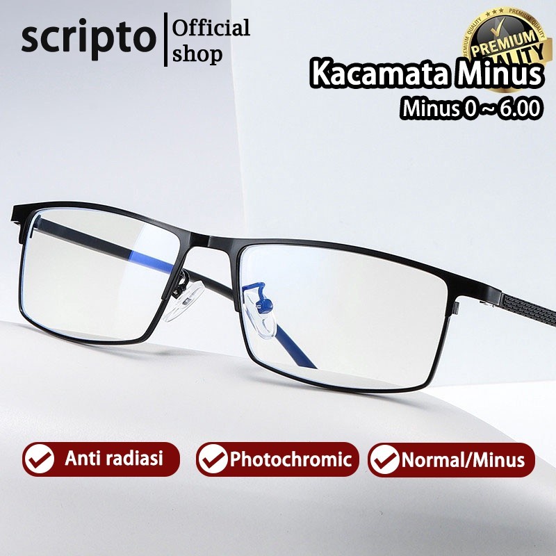 Scripto Kacamata Minus Photocromic Anti Radiasi Blueray 2 in 1 Pria Wanita Keren Gaya Bisnis Besi Fr