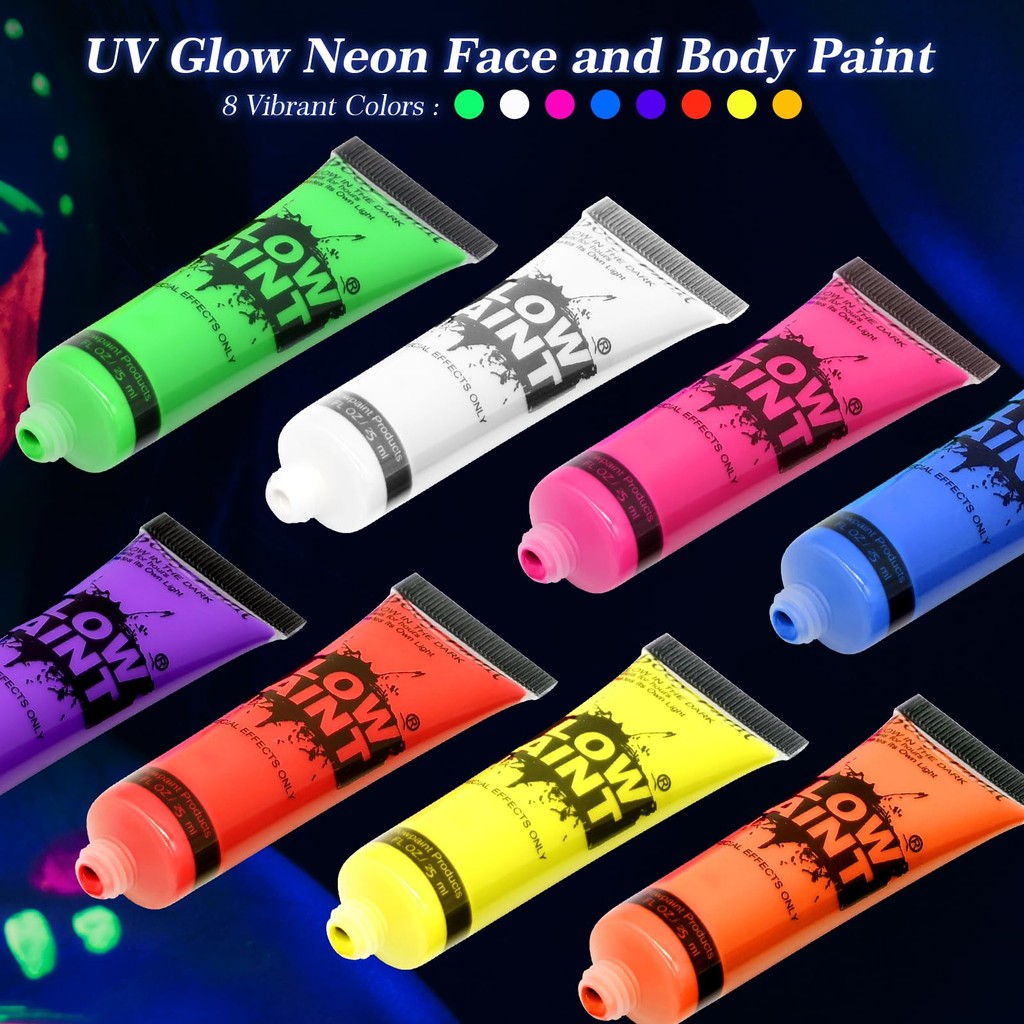 

8 warna Glow in the Dark Face Paint Tubes - Each 25ml Cat Lukis Badan Wajah Halloween Costume UV