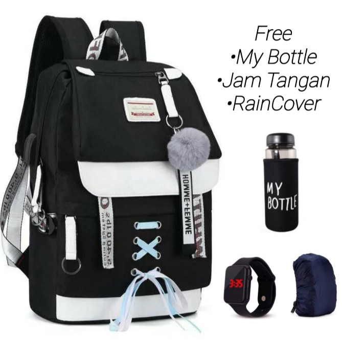 BROMSUNSHOP  [ Free Botol ]Tas ransel sekolah laki laki perempuan sd smp muat banyak -Tas Polos Anak