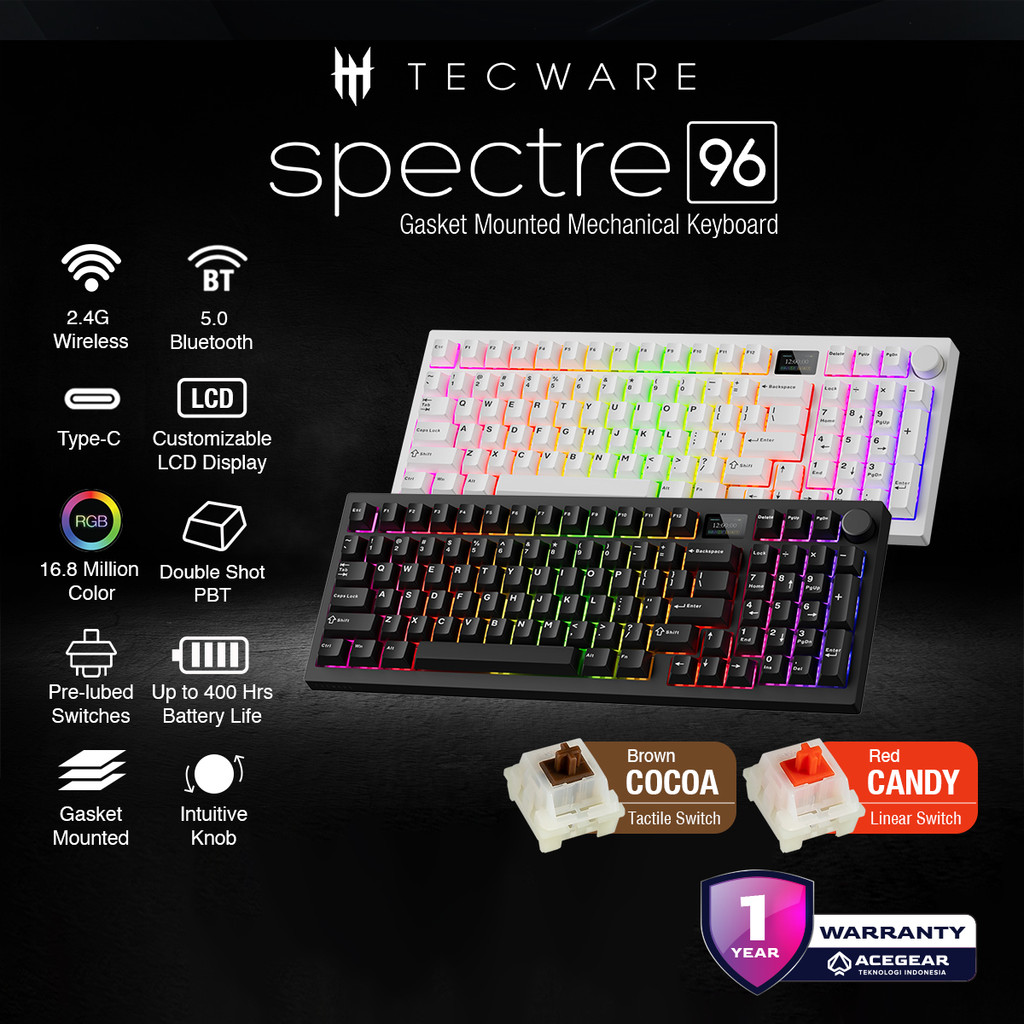 Tecware Spectre96 Spectre 96 Wireless Gaming Keyboard 3 Mode Connection Gasket Mount with Knob and L