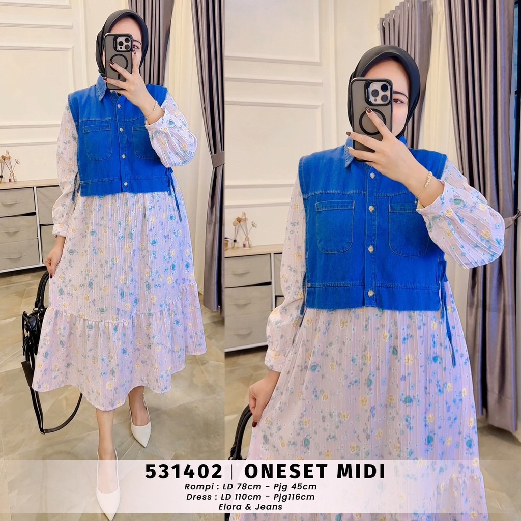 EXTU HERITAGE - Nasyila Midi Dress Elegan Busui Set Rompi Pisah | Dress Elora + Rompi Jeans Fit to X