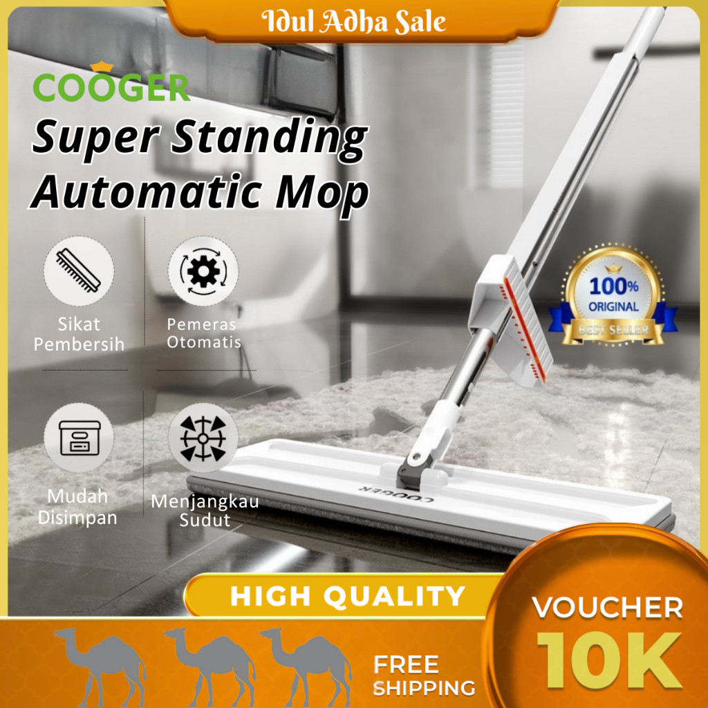 COOGER Alat Pel Peras Otomatis Dengan Pel Lantai Super Dapat Berdiri Dengan Kain Pel Microfiber Ultr