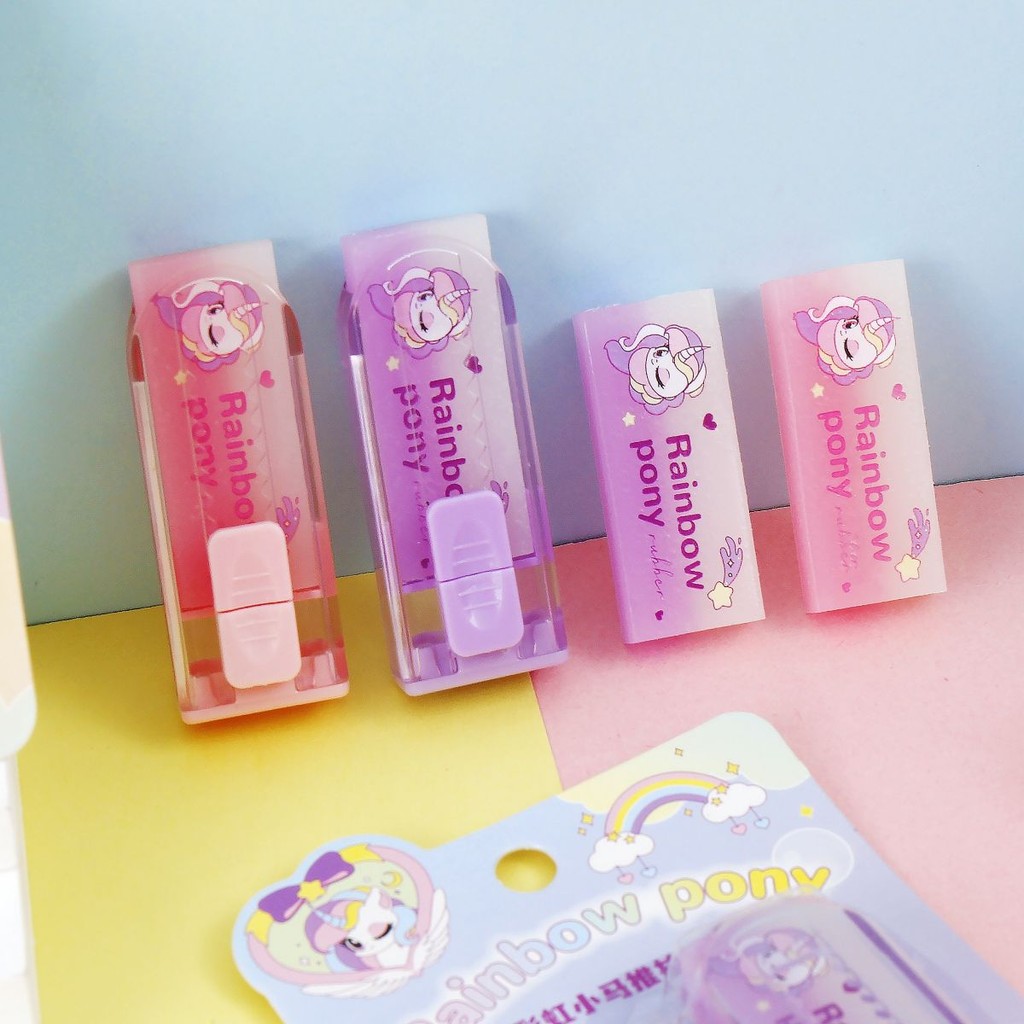 

Cartoon pony push-pull eraser, with a replacement core included, cute student prize gift, creative cartoon eraser, drawing exam