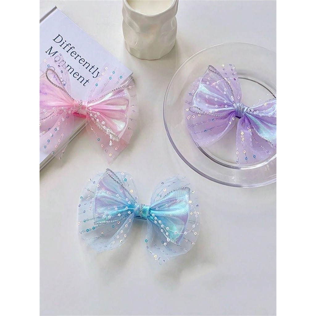 1 women's new ribbon bow hair clip Pearl mesh bow Long ribbon hair clip hair accessories