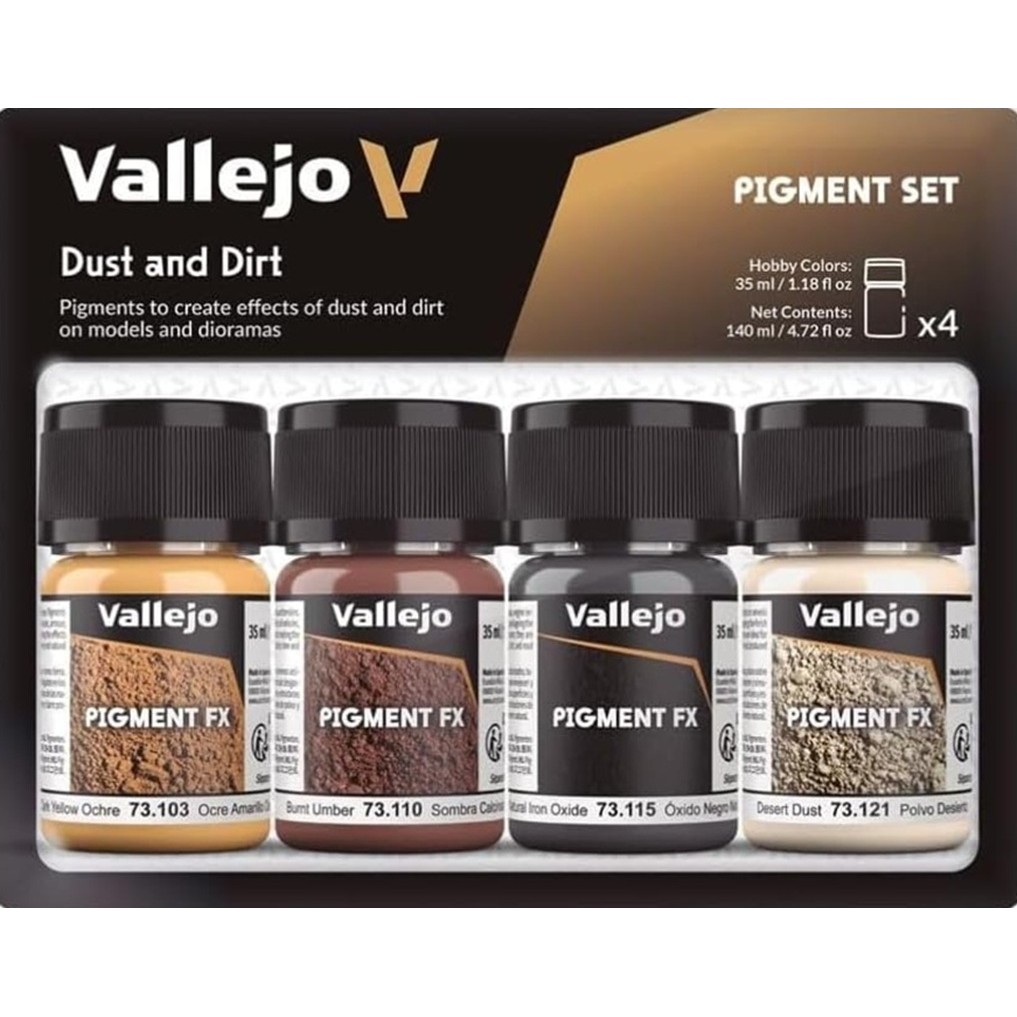 

Vallejo Pigment FX Dust & Dirt Effect Wide Range of Effects Caused by The Climate and Geographic Conditions |Contains 4 x 35 ml