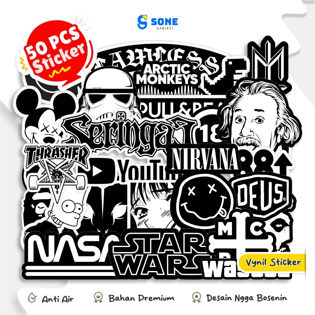

50 Pcs Stiker Pack Brand Hypebeast Series Black and White BNW Aesthetic Vinyl Laptop Stiker HP Motor Helm Mobil Ipad Tablet
