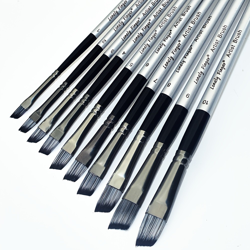 

10pcs Professional Angular Paint Brush Set with Wooden Handles - Durable Nylon Bristles for Acrylic, Watercolor Gouache Painting