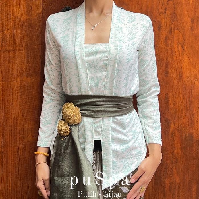 

Atasan Kebaya Kutubaru Katun Lengan Panjang Puspa - putih hijau, XL