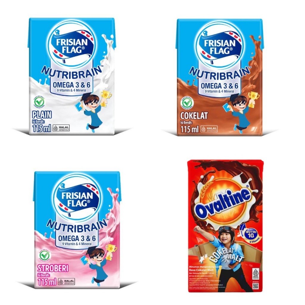

Frisian Flag Omega Susu UHT Plain Strawberry Stroberi Cokelat Coklat 115 ml Ovaltine 125 ml Milk