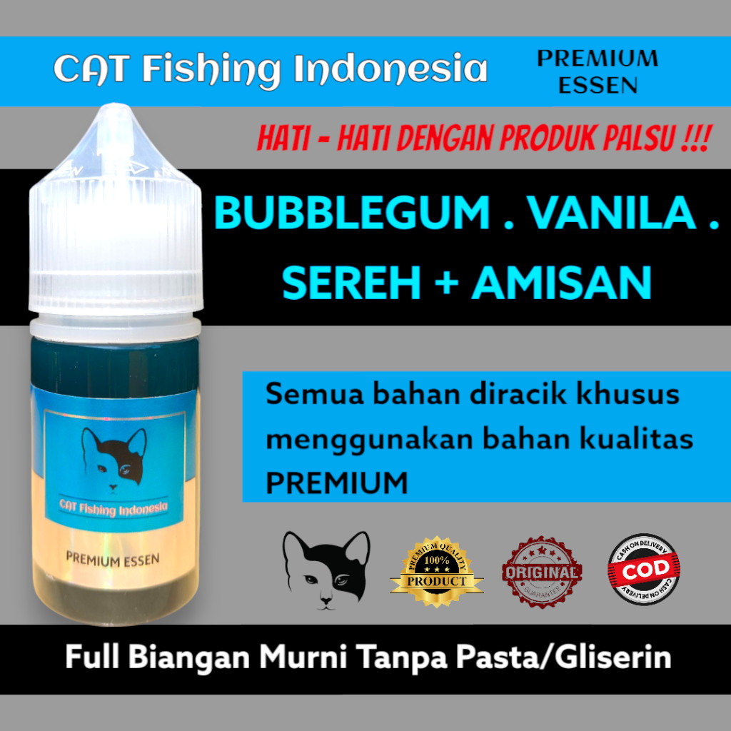 

CAT PREMIUM Essen Oplosan Bubblegum Vanila Sereh Umpan Pancing Ikan Rame & Indukan 15ml 30ml