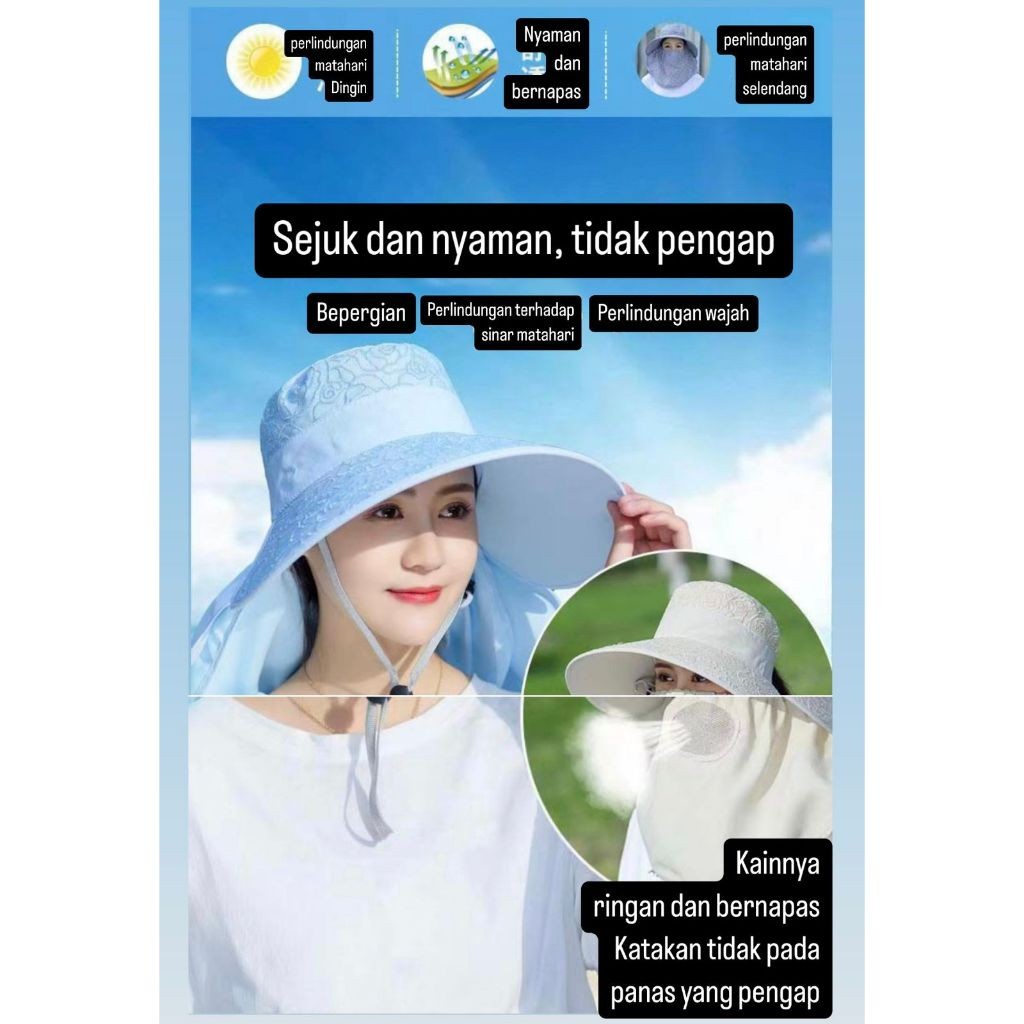 Topi Matahari / Topi Penutup Wajah Penuh Wanita Musim Panas Pelindung Matahari Model Pinggiran Lebar