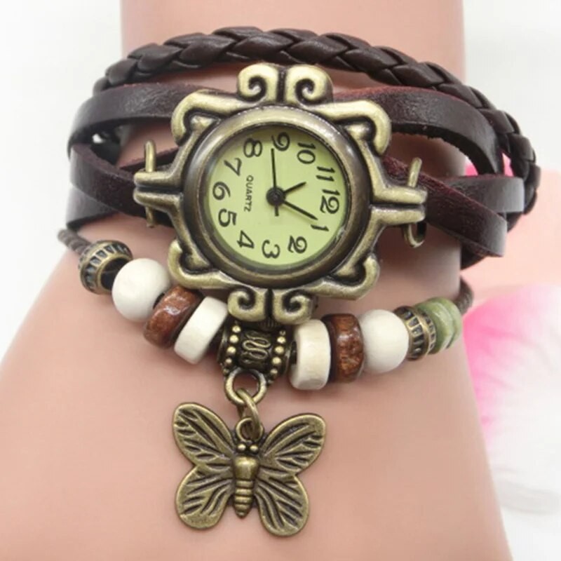 Fashion Retro Leather Strap Butterfly Pendant Women Bracelet Wat