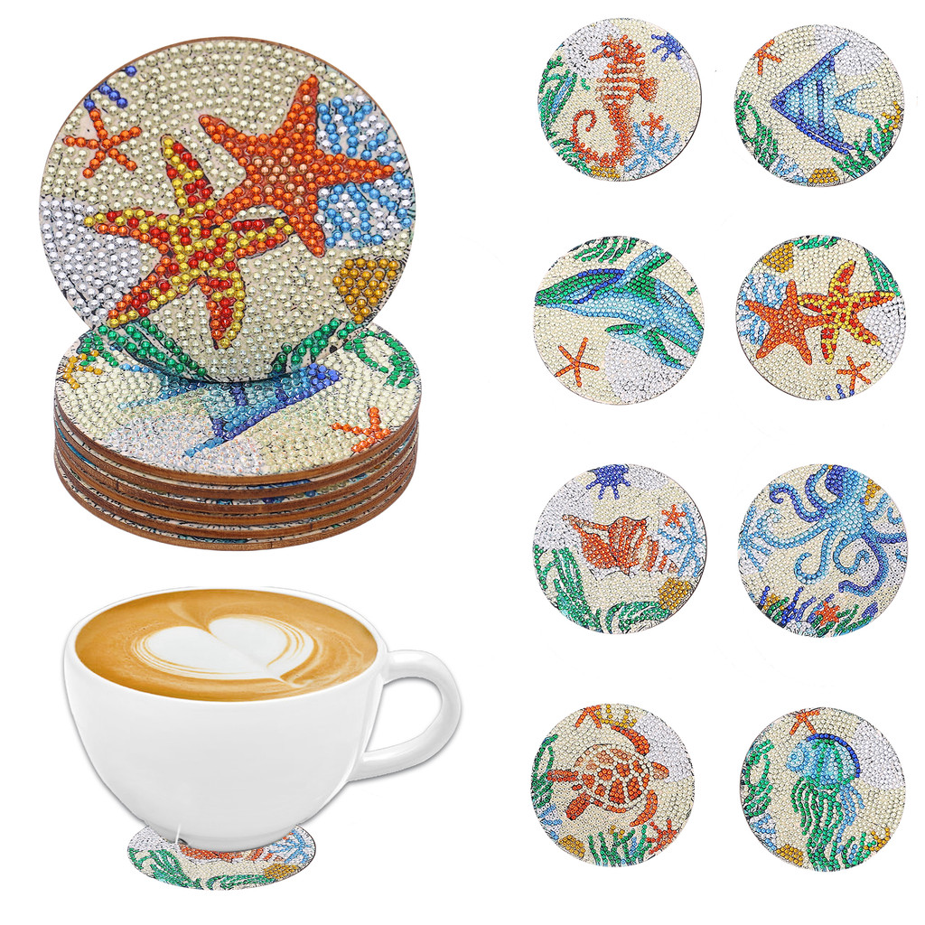

8-piece DIY Marine animal print Diamond art painting Coasters Wooden coasters Living room Office, bar, restaurant