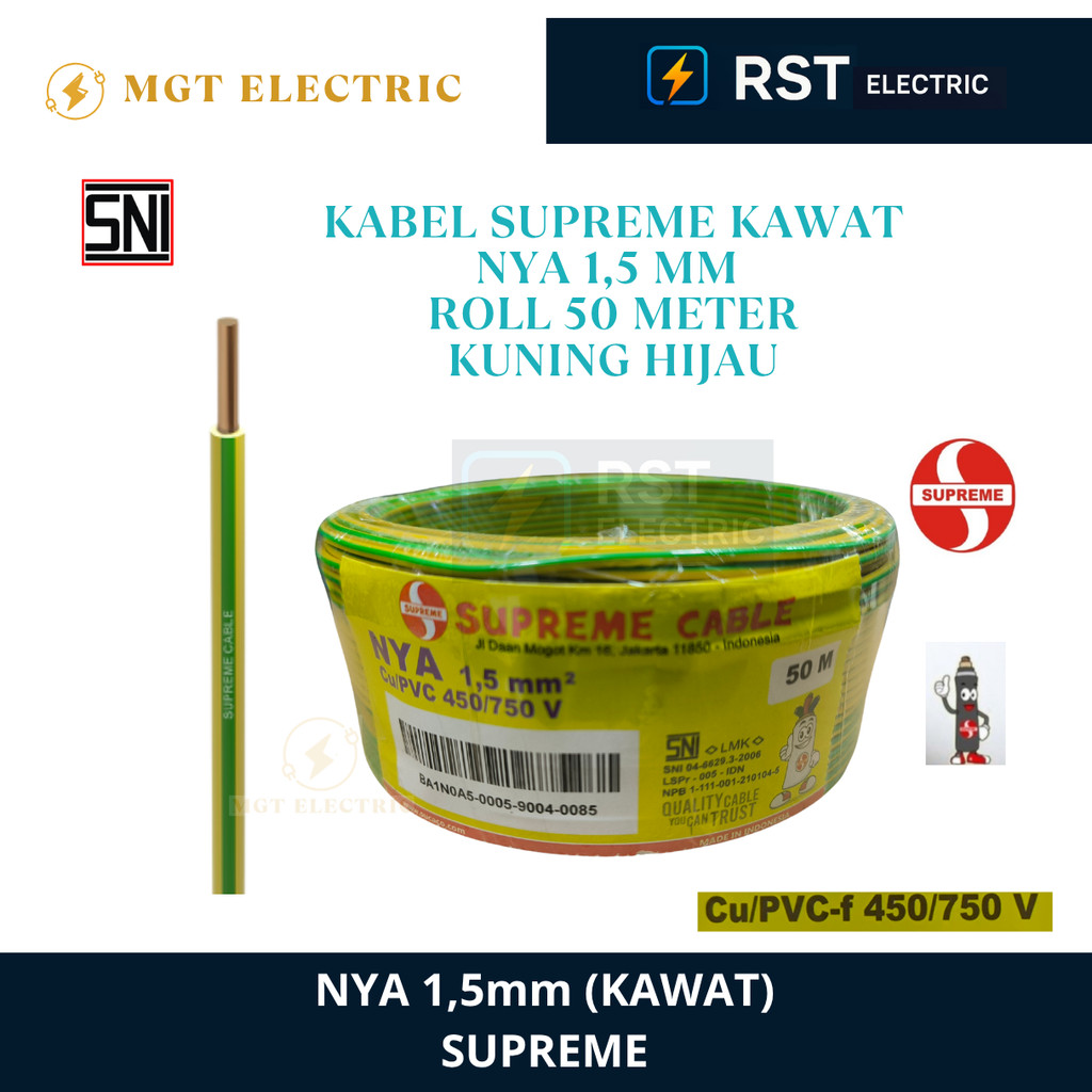 SUPREME NYA 1.5 MM 50M / NYA SUPREME 1,5mm ROL 50 meter / KABEL LISTRIK KAWAT LIDI TUNGGAL 1.5MM ROL