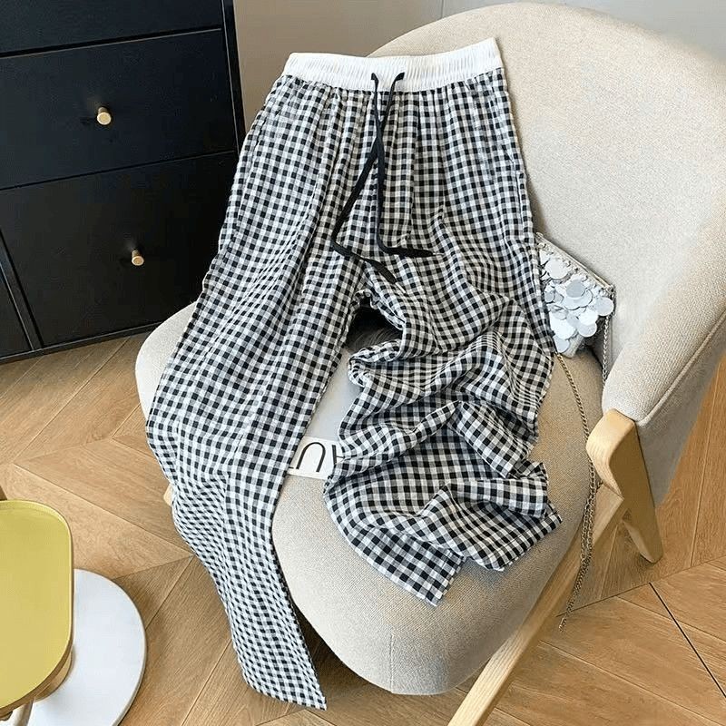 Celana Kotak-kotak / Celana Pinggang Tinggi Longgar dengan Tali / Celana Panjang Hitam