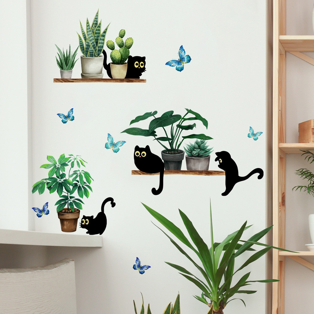 

Green Plant Potted Black Cat Wall Sticker Living Room Background Decor Kitchen Home Decoration Wallpaper Self-adhesive Decals