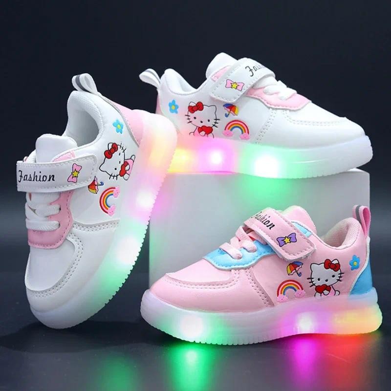 Sanrio LED Kids Shoes for Girls Cute Cartoon Hello Kitty Shoes Summer Girl Kawaii Shoes Soft Bottom 
