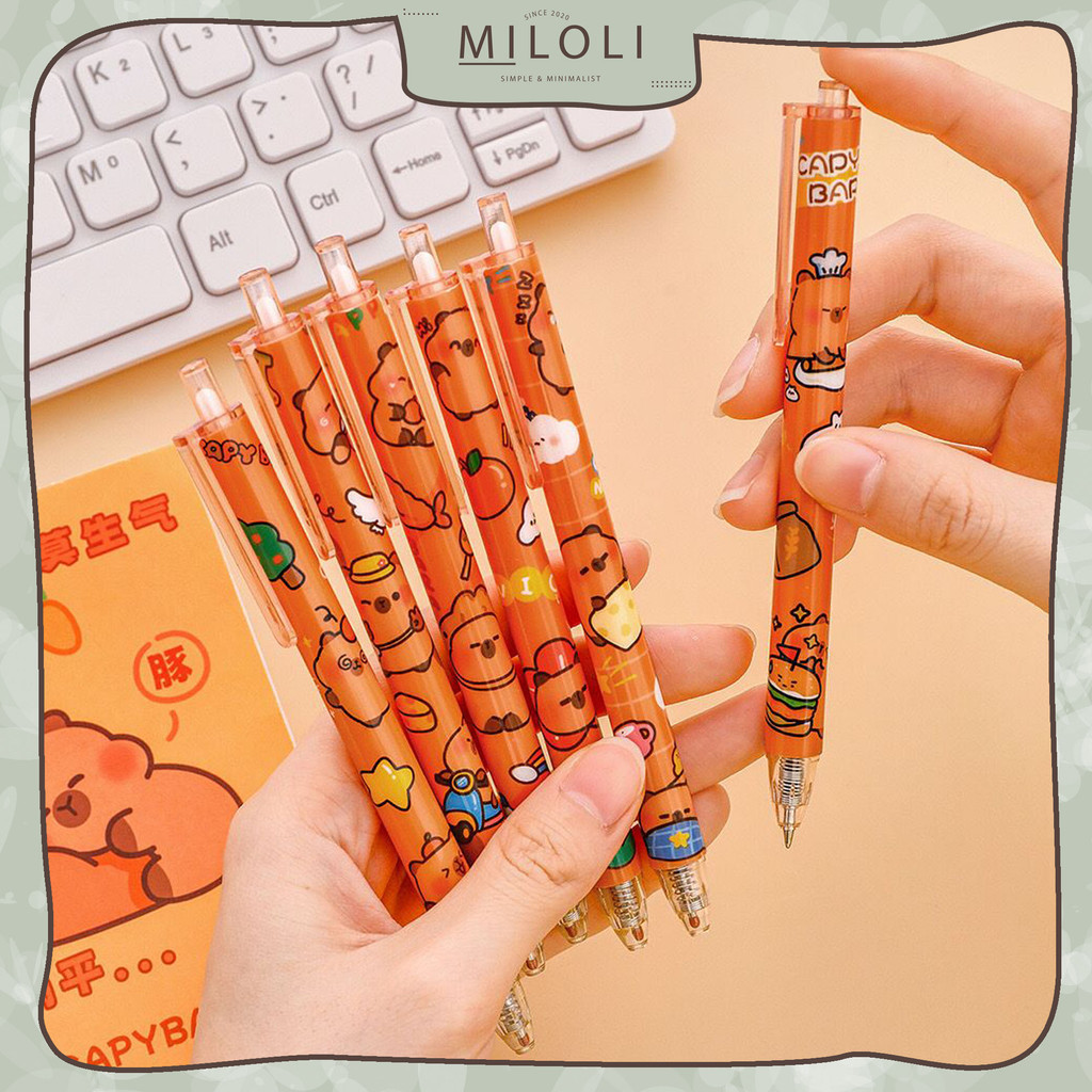 

[MILOLI] 1Pcs ORANGE CUTE CAPYBARA Press Gel 0,5mm Pen Black Ink Mekanik Pena Aesthetic Stationery - D0092