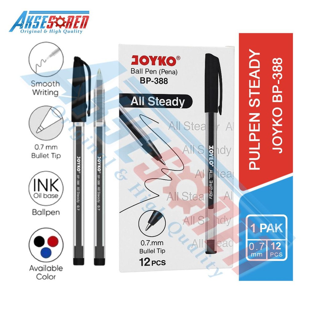 

Aksesoren Pulpen Steady Joyko BP-388 [1 Pack/12 Pcs] / Bolpoin Ballpoint Pena 1 Lusin / Bulpen Tinta Hitam / Bulpoin Balpoint 1 Pack / Bolpen 1 Box / Polpen 1 Pak / Alat Tulis Sekolah