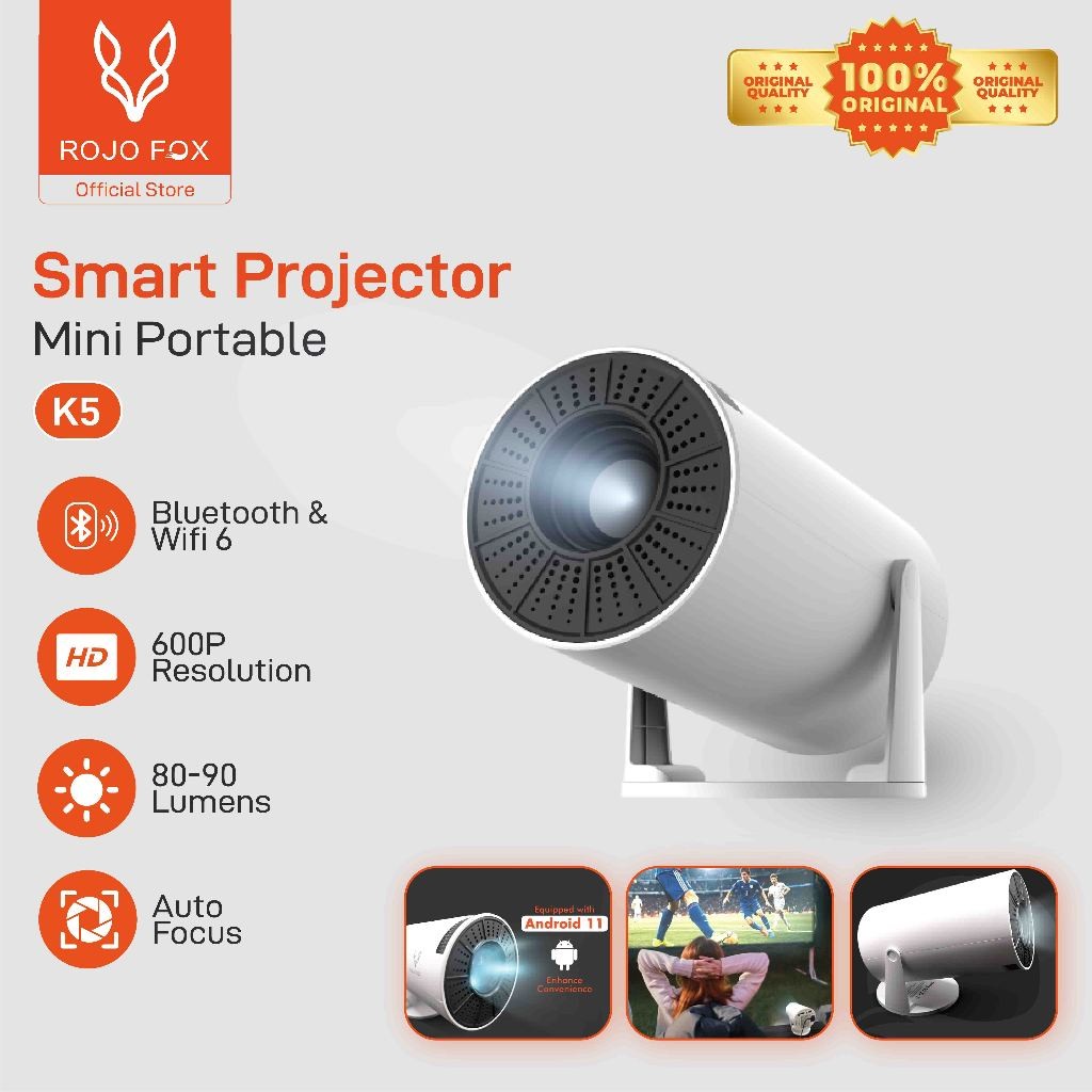 ROJO FOX K5 Proyektor Mini Android Hp Ke Dinding Smart Portable - HD 600p, Bluetooth & WiFi, 90 ANSI