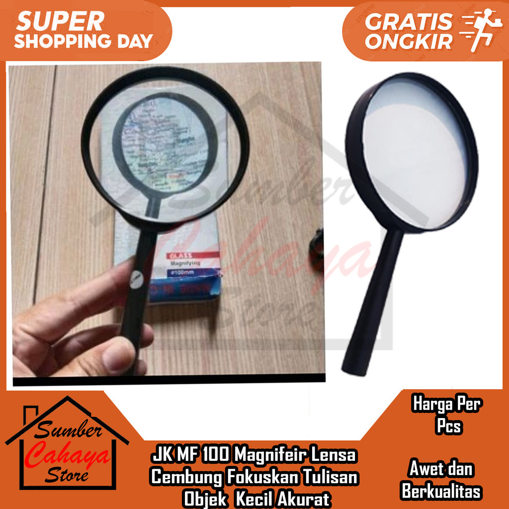 

JK MF 100 Kaca Pembesar Lensa Cembung Amati Lihat Benda Kecil Serangga Alat Perlengkapan Sekolah Kantor Retail Grosir Laboratorium Kaco Fokus Lup Magnifier Fokuskan Objek Perbesar REE Tulisan Buku Peta Atlas