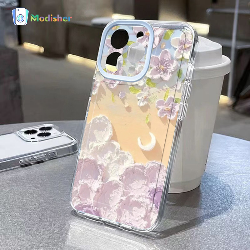 Casing Ponsel Lukisan cat minyak bunga persik Cocok untuk iPhone 11 12 13 14 15 16 Pro Max X XR XS M