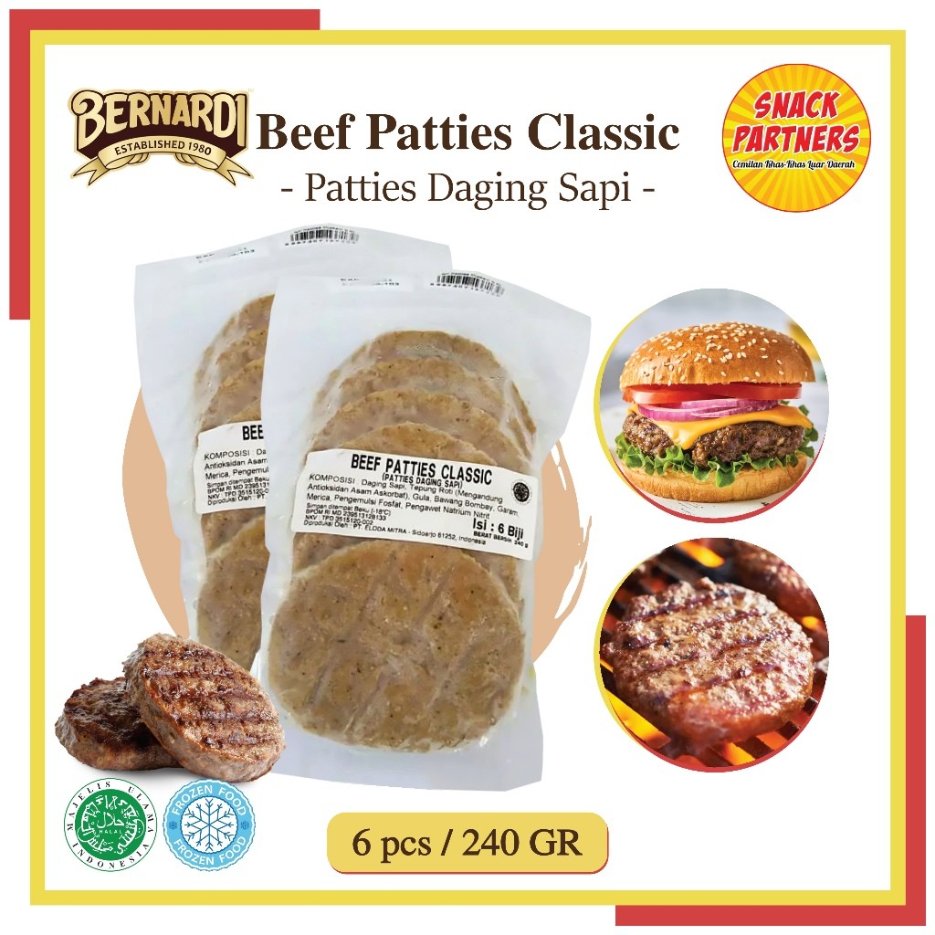 

BERNARDI BEEF PATTIES CLASSIC 6 pcs / 240 gr - Burger Daging Sapi - FROZEN FOOD - Makanan Patty Instant Cepat Siap Saji