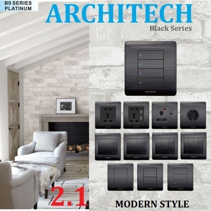 [JM] ARCHITECH Saklar Stop Kontak Dinding PLATINUM B9 Black Series 2.1 terlaris