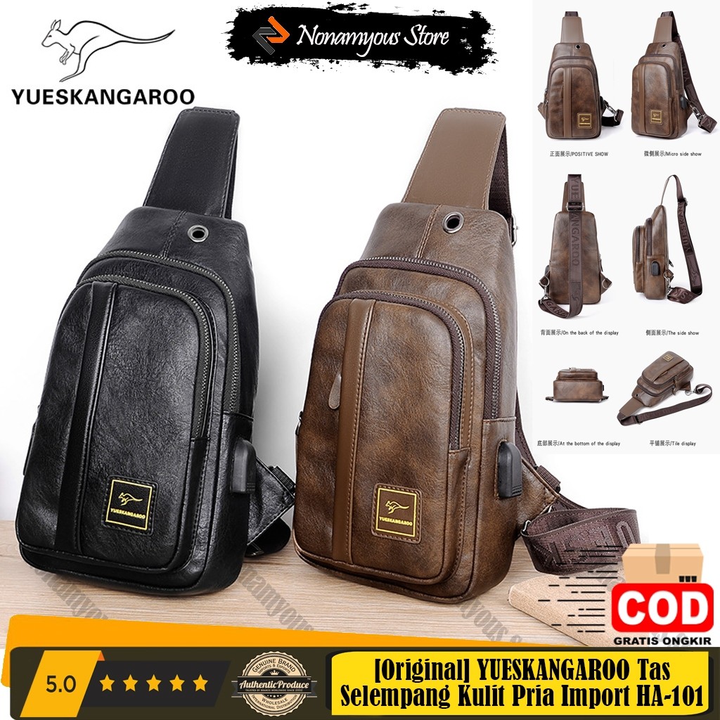 [Original] YUESKANGAROO Tas Selempang Kulit Pria Import Waistbag USB Port Shoulder Bag HA-101